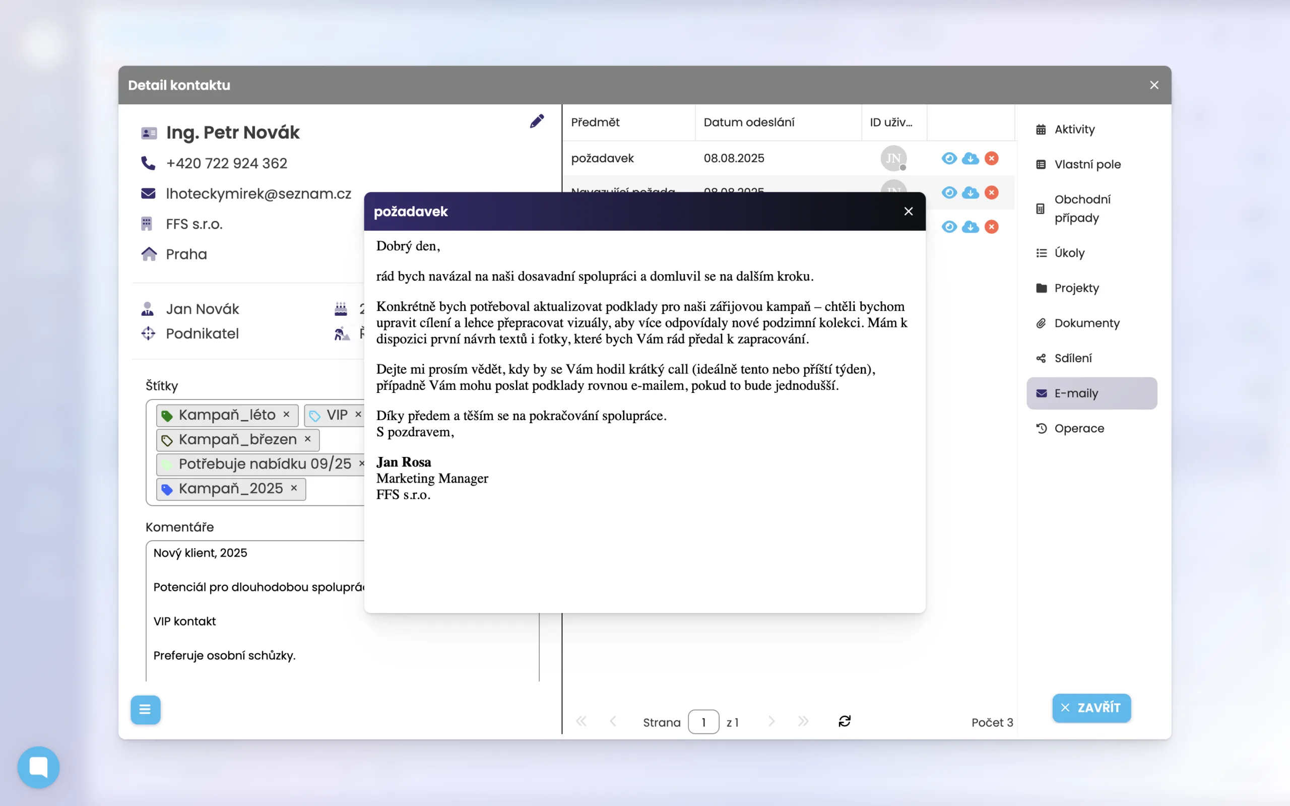 Emaily připojené v jednoduchém CRM