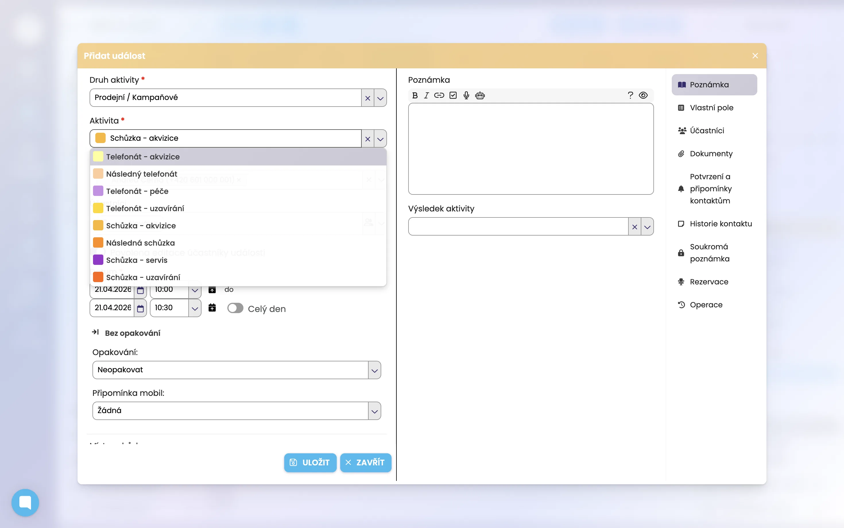 CRM kalendář FreshFlow – vlastní názvy aktivit