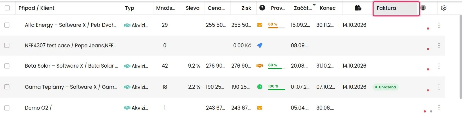 Sloupec Faktura se stavem úhrady v seznamu obchodních případů