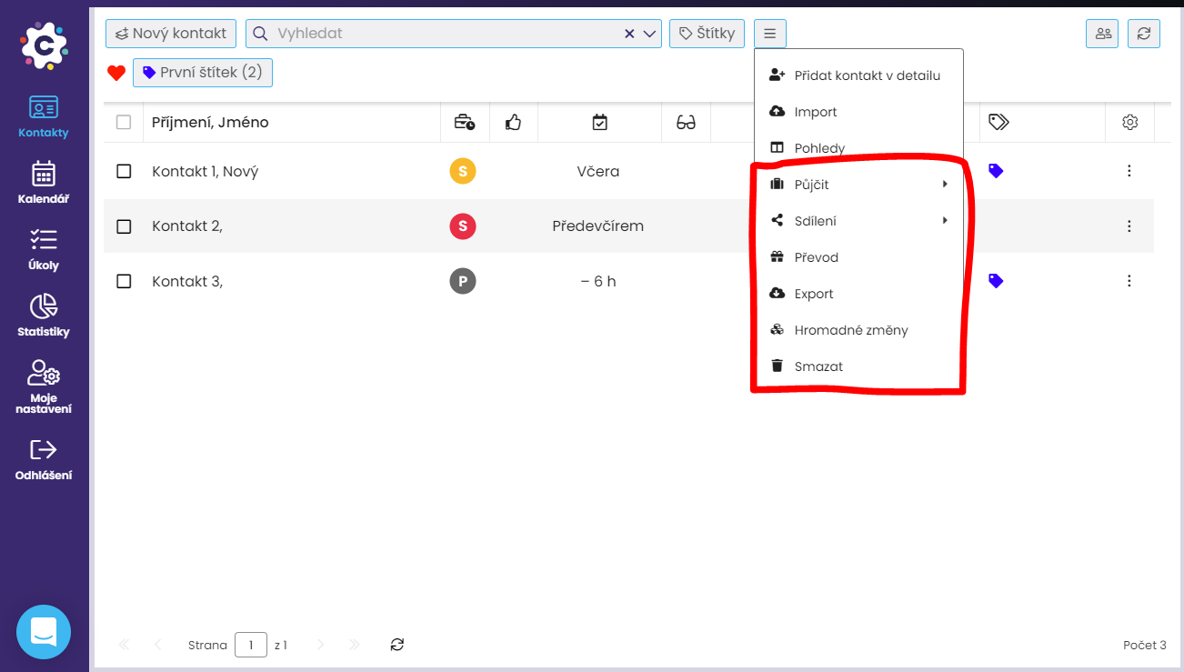 Další operace s kontakty