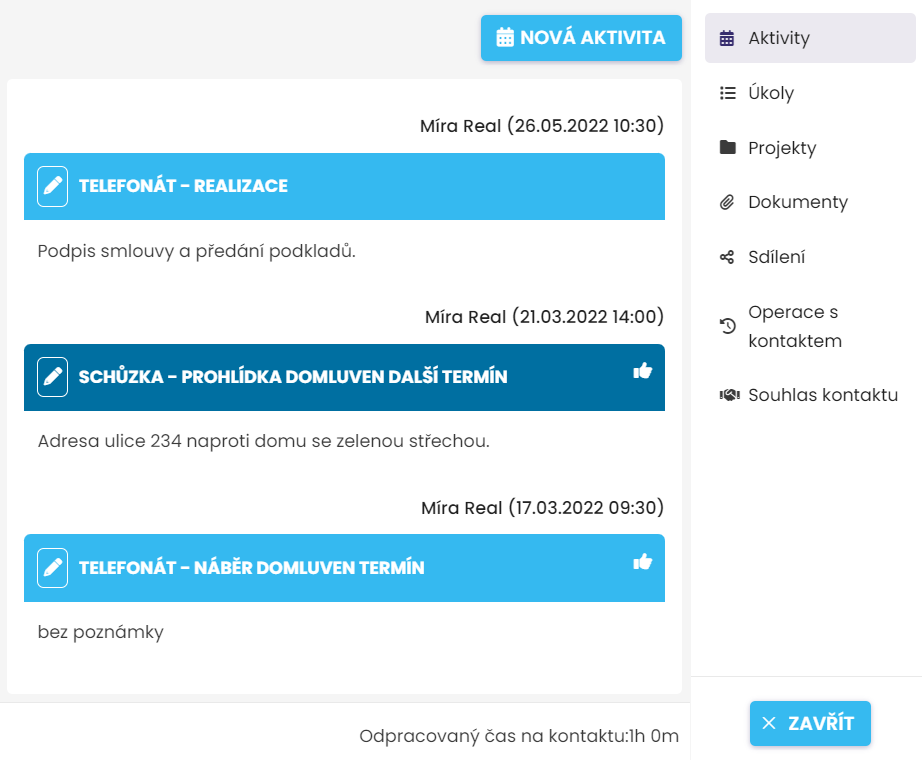 kalendář pro realitní makléře historie u kontaktu