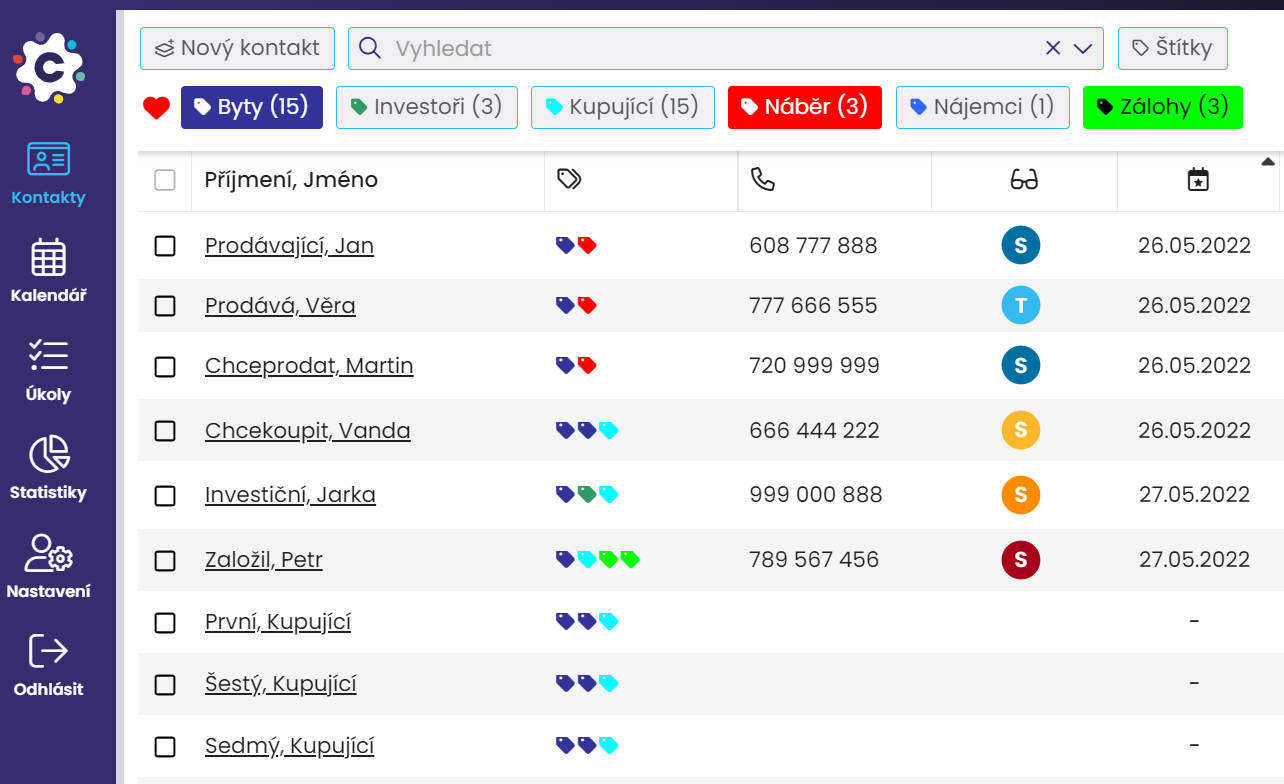 kalendář kontakty pro realitní makléře