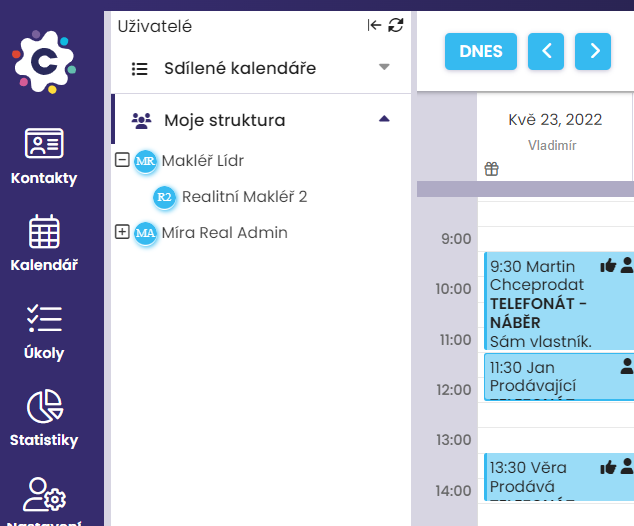 kalendář pro realitní makléře sdílení v týmu