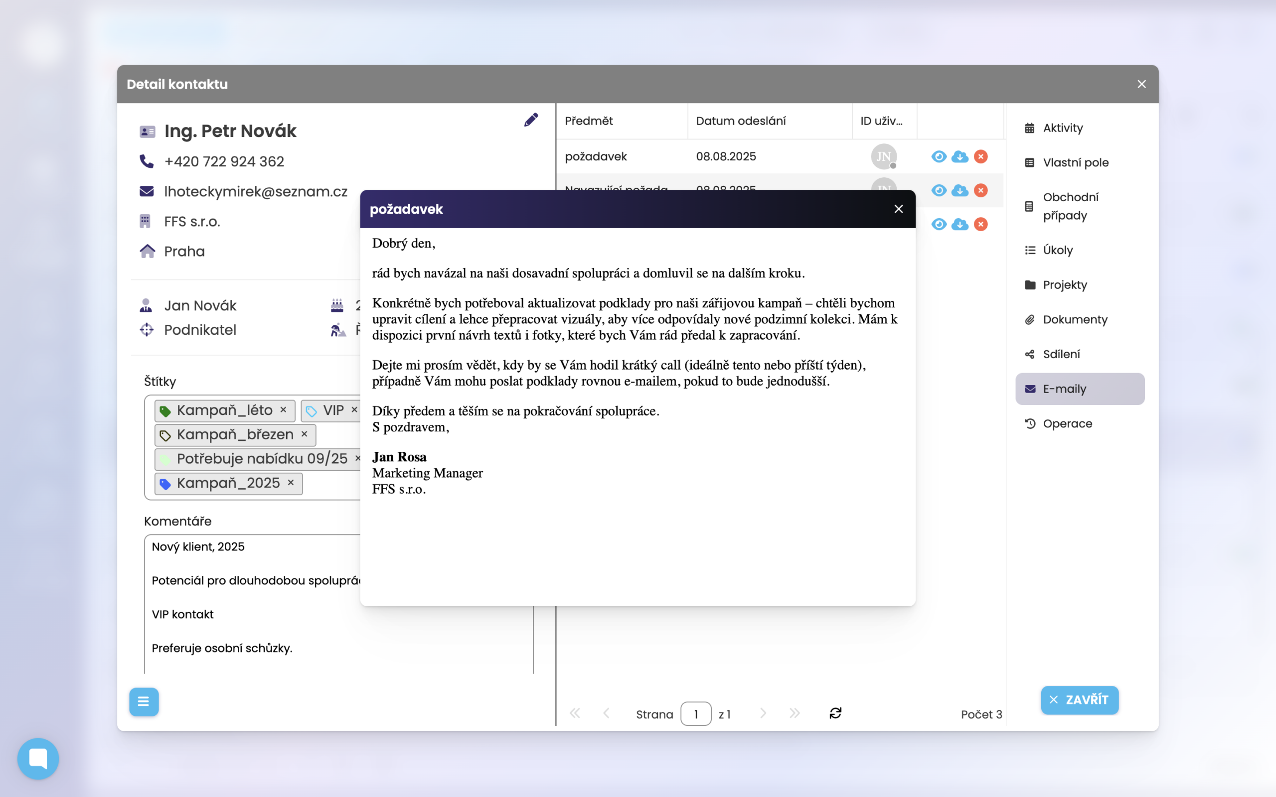 Emaily připojené v jednoduchém CRM