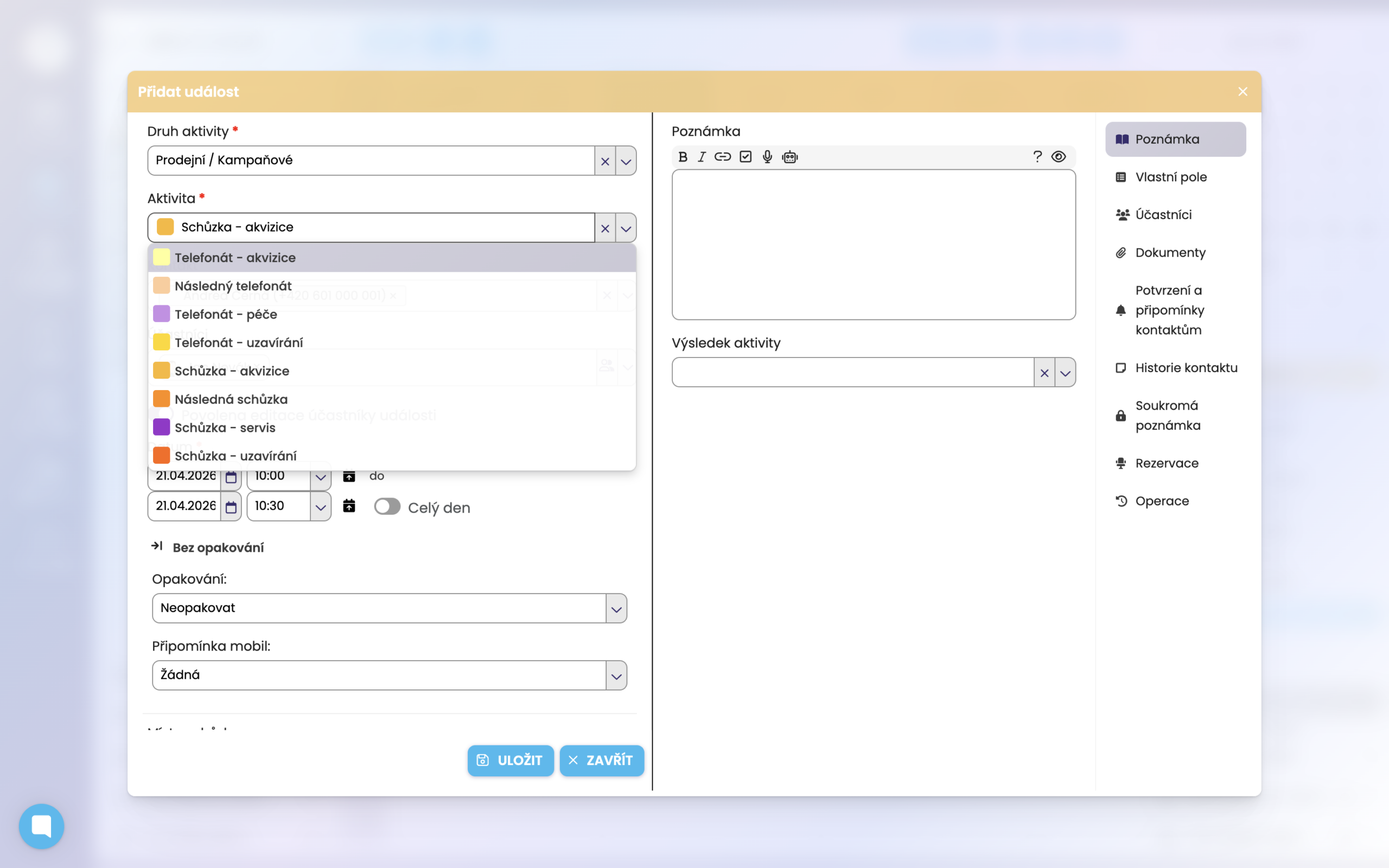 CRM kalendář FreshFlow - vlastní názvy aktivit